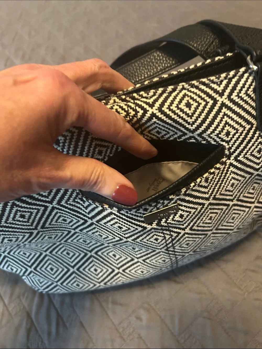 Jewel Black & White Geometric Tote Bag with crossbody Strap